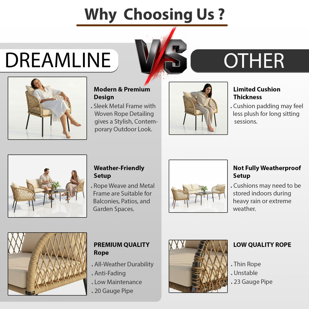 Kanto Outdoor Garden Balcony Sofa Set 2 Seater , 2 Single Seater 1 Center Table Braided and Rope