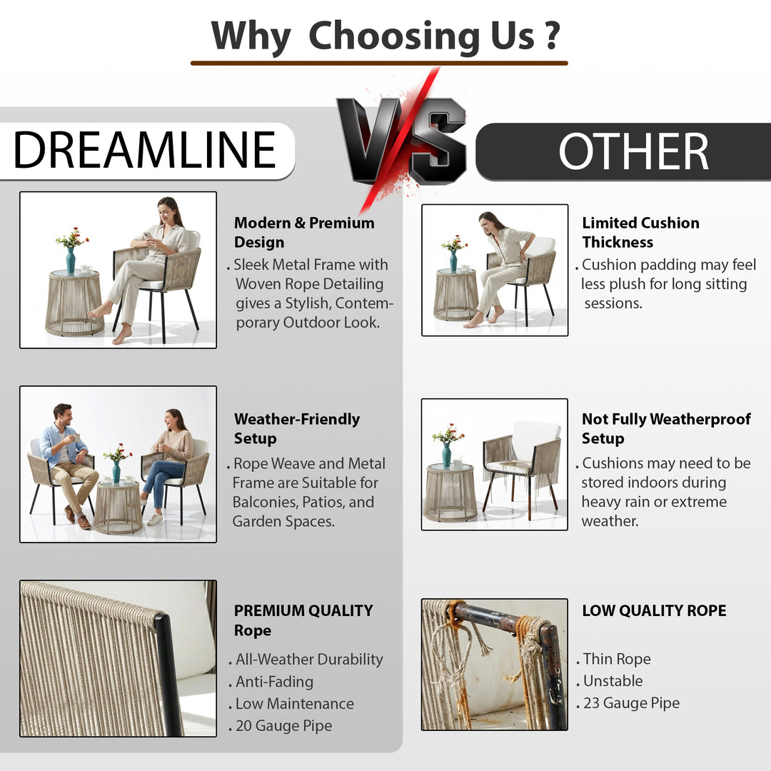 Rapid Outdoor Patio Seating Set 2 Chairs and 1 Table Set (Cream) Braided & Rope