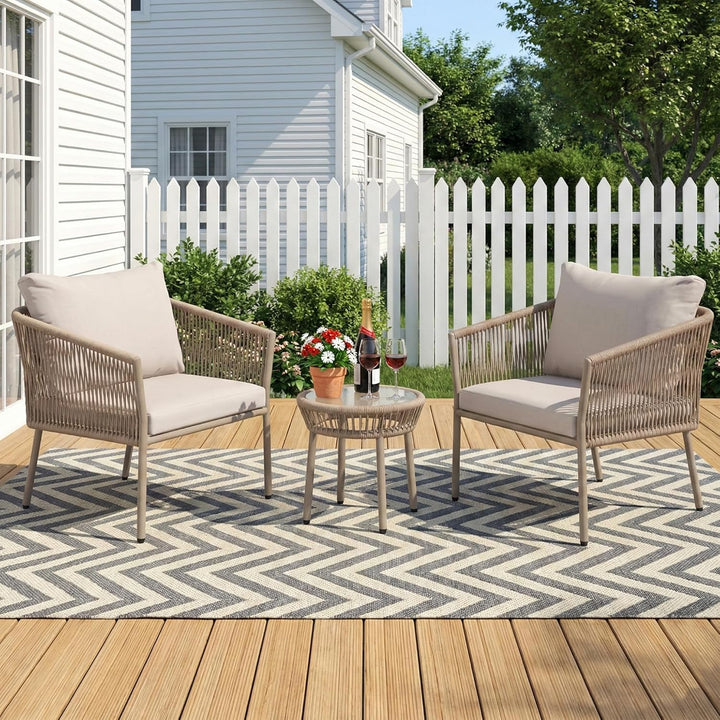 Kalpa Outdoor Patio Seating Set 2 Chairs and 1 Table Set (Beige) Braided & Rope