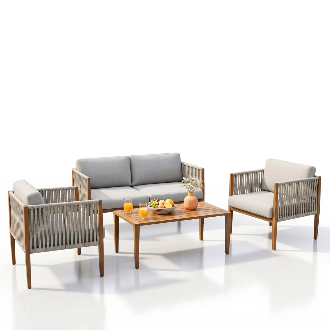 Luna Outdoor Garden Balcony Sofa Set 2 Seater , 2 Single Seater 1 Center Table Set (Grey) Braided and Rope