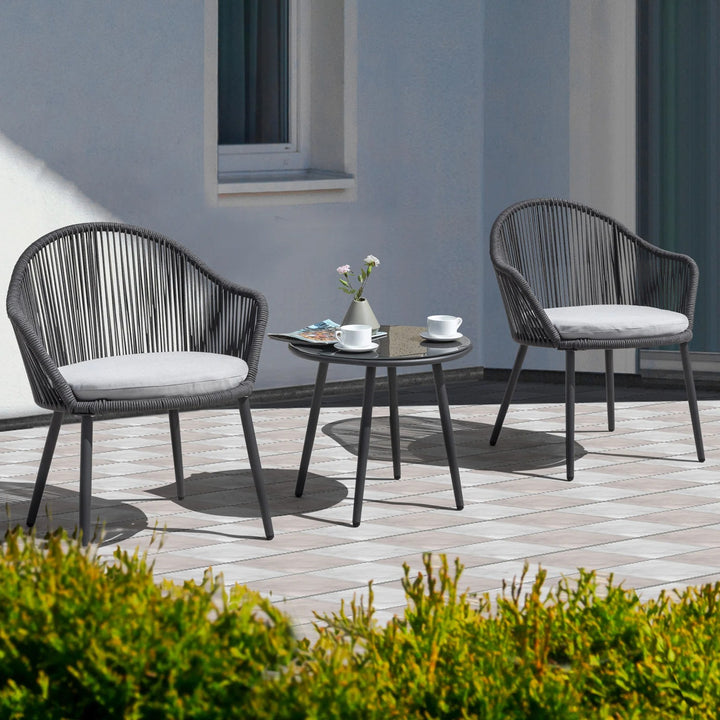 Conti Outdoor Patio Seating Set 2 Chairs and 1 Table Set (Grey) Braided & Rope
