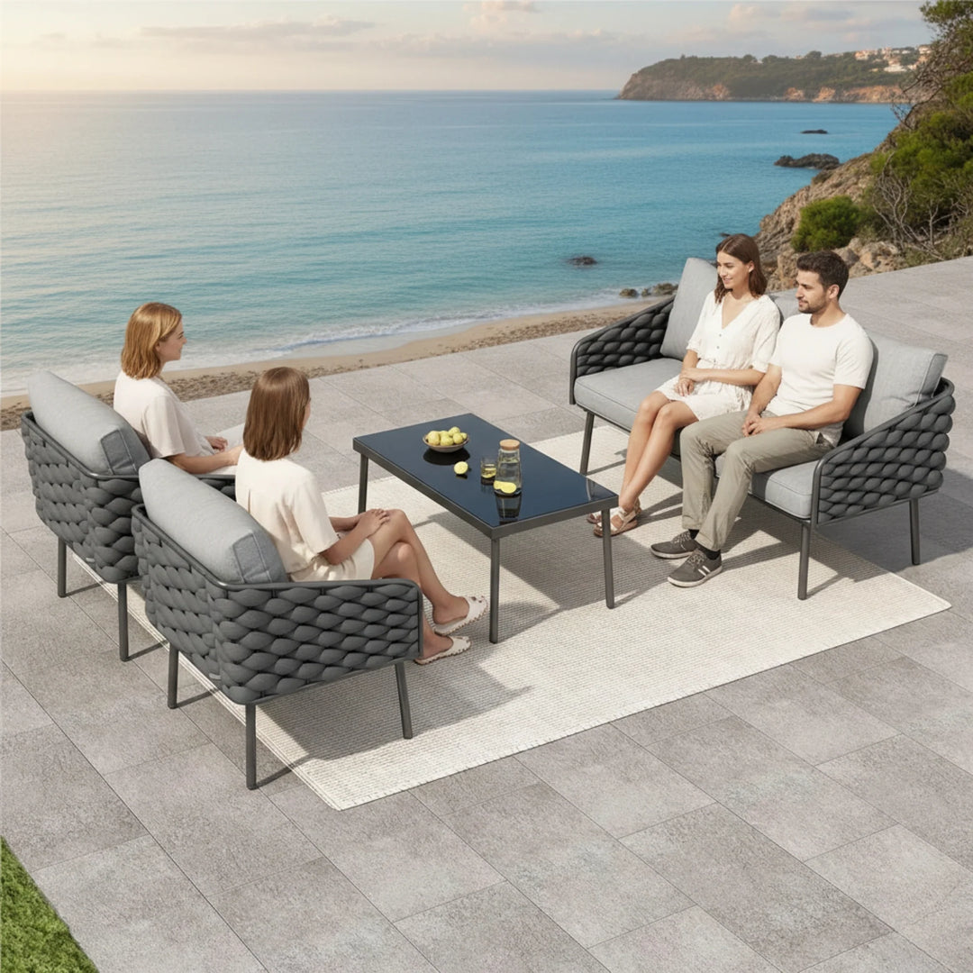 Mirra Outdoor Garden Balcony Sofa Set 2 Seater , 2 Single Seater 1 Center Table Set (Grey) Braided and Rope