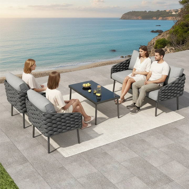 Mirra Outdoor Garden Balcony Sofa Set 2 Seater , 2 Single Seater 1 Center Table Set (Grey) Braided and Rope