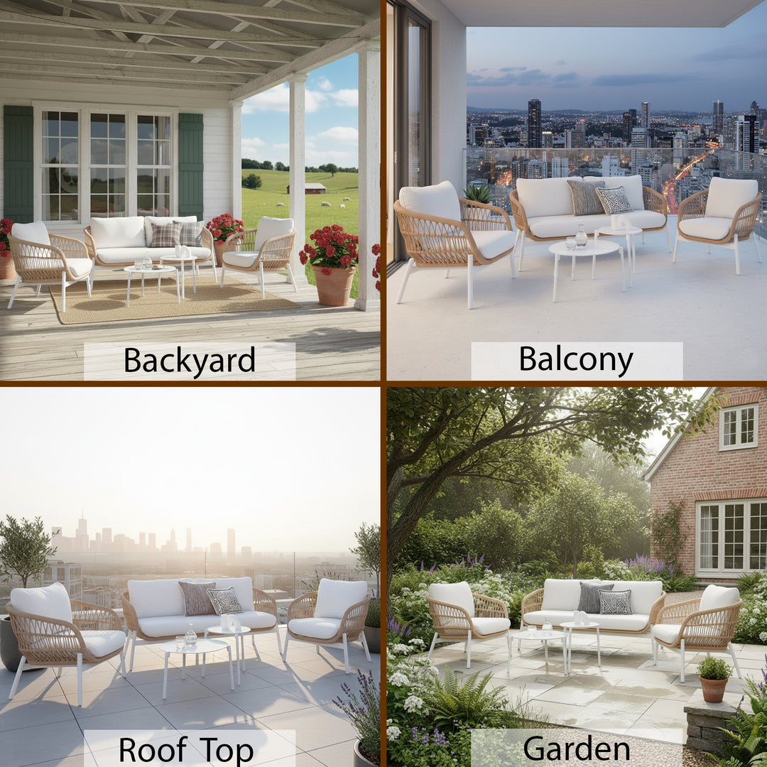 Seibi Outdoor Garden Balcony Sofa Set 2 Seater , 2 Single Seater 2 Center Table Set Braided and Rope