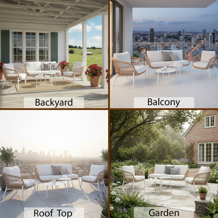 Seibi Outdoor Garden Balcony Sofa Set 2 Seater , 2 Single Seater 2 Center Table Set Braided and Rope