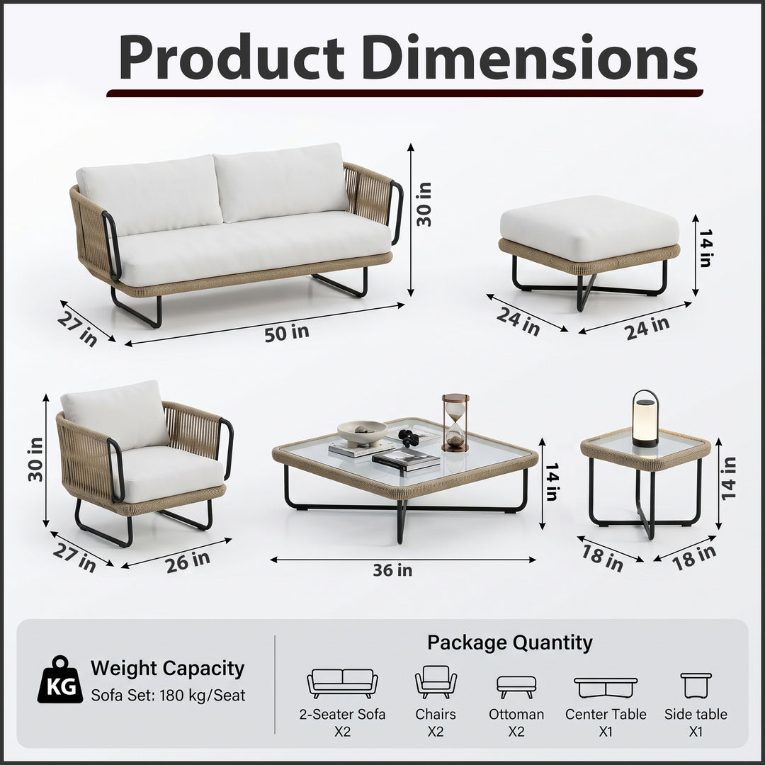 Hancy Outdoor Sofa Set 6 Seater , 2 Ottoman and 1 Center Table + 1 side table Set  (Tan + Beige) Braided & Rope