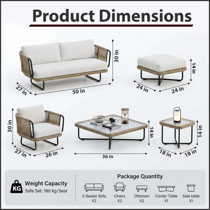 Hancy Outdoor Sofa Set 6 Seater , 2 Ottoman and 1 Center Table + 1 side table Set  (Tan + Beige) Braided & Rope