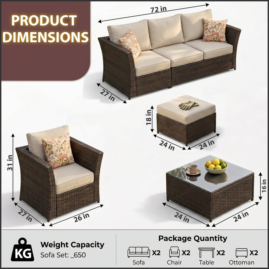Enorson Outdoor Garden Balcony Sofa Set 2 Three Seater, 2 Single Seater With 2 Ottoman and 2 Center Table Set (Brown)