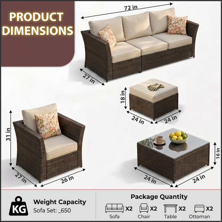 Enorson Outdoor Garden Balcony Sofa Set 2 Three Seater, 2 Single Seater With 2 Ottoman and 2 Center Table Set (Brown)