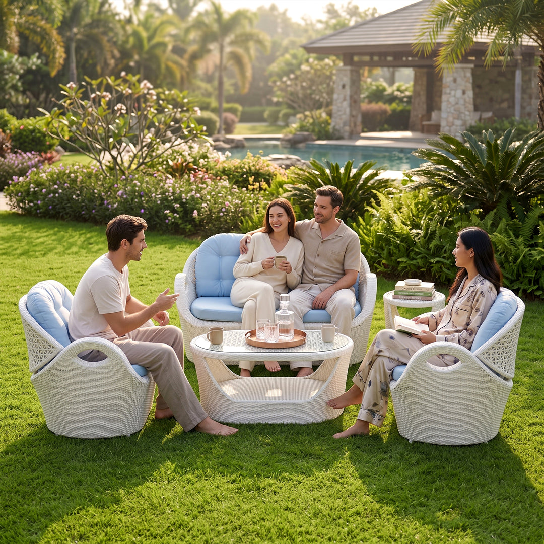 Arana Outdoor Sofa Set 2 Seater, 2 Single seater, 1 Side table and 1 Center Table (White)
