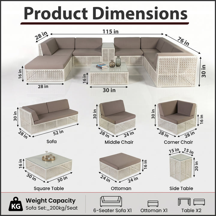 Ludovica Outdoor Patio Sofa Set 6 Seater , 1 Footstool , 1 Side table and 1 Center Table (White)