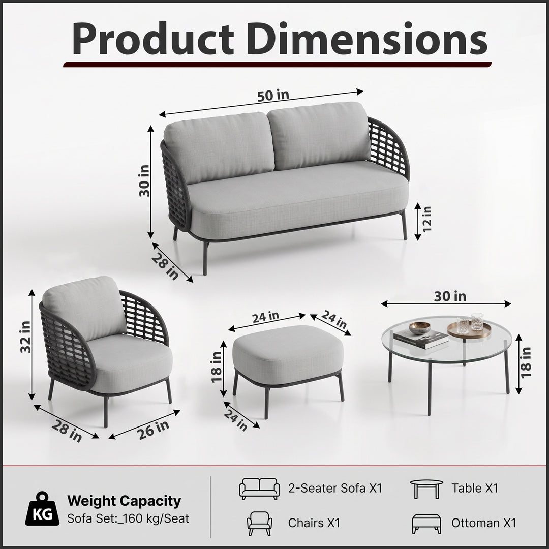 Locator Outdoor Sofa Set 2 Seater, 2 Single seater with ottoman and 1 Center Table Set (Dark Grey) Braided & Rope