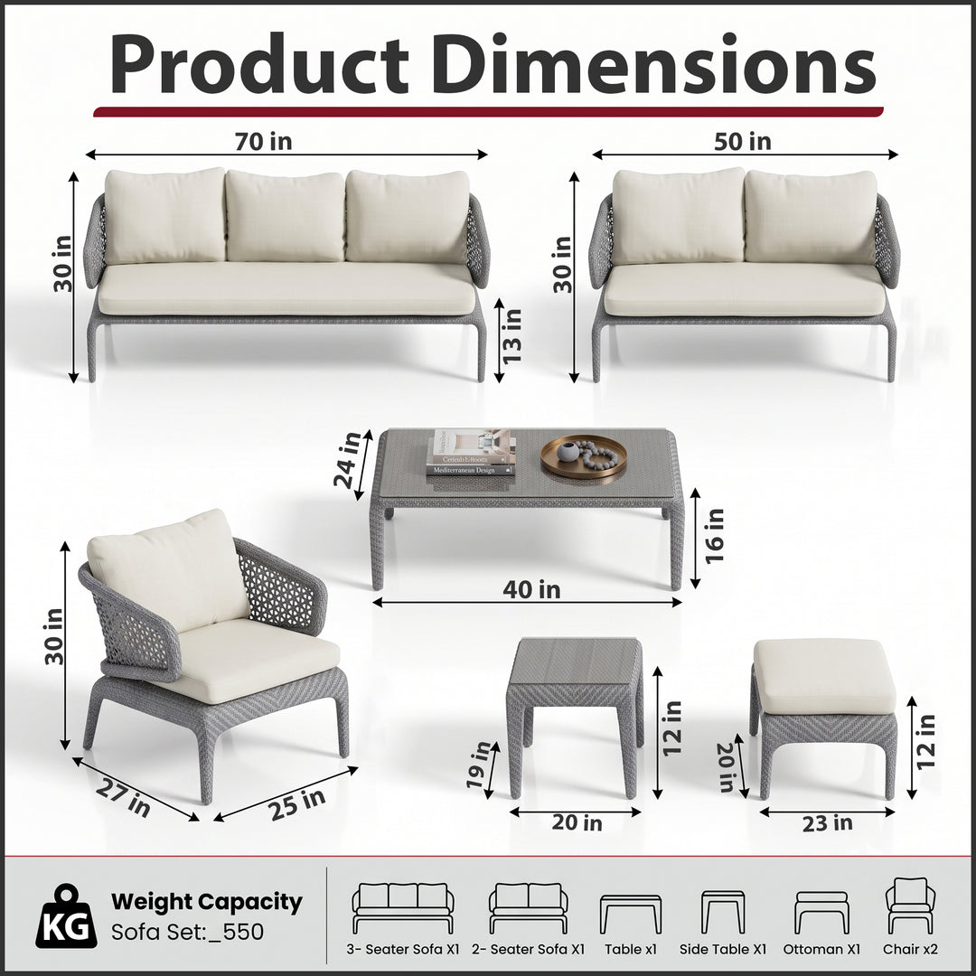 Bart Outdoor Garden Balcony Sofa Set  3 Seater , 2 Seater ,2 Single Seater and 1 Center Table With 1 Side Table and 1 Ottoman Set (Grey)
