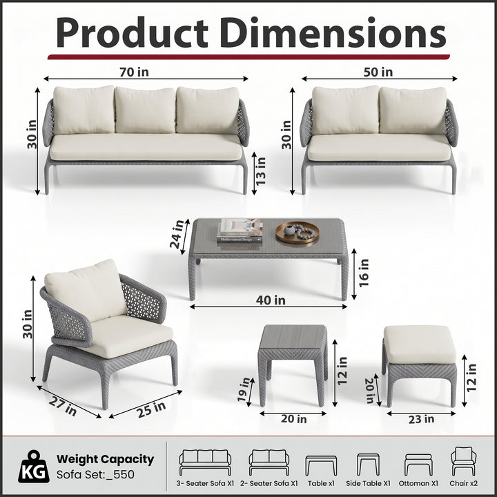 Bart Outdoor Garden Balcony Sofa Set  3 Seater , 2 Seater ,2 Single Seater and 1 Center Table With 1 Side Table and 1 Ottoman Set (Grey)