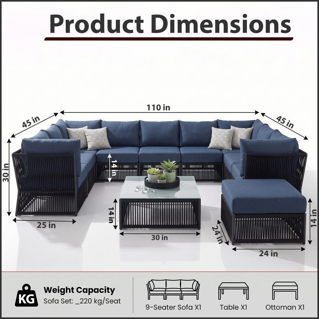 Griselda Outdoor Sofa Set 9 Seater, 1 Ottoman and 1 Center Table Set Braided & Rope
