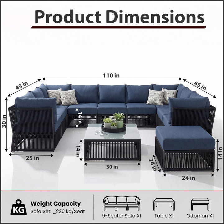Griselda Outdoor Sofa Set 9 Seater, 1 Ottoman and 1 Center Table Set Braided & Rope