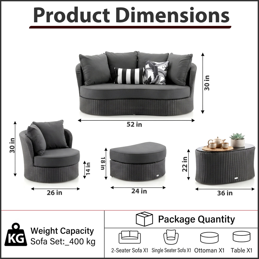 Comox Outdoor Garden Balcony Sofa Set 2 Seater, Single seater and 1 Center Table with Ottoman Set (Black)