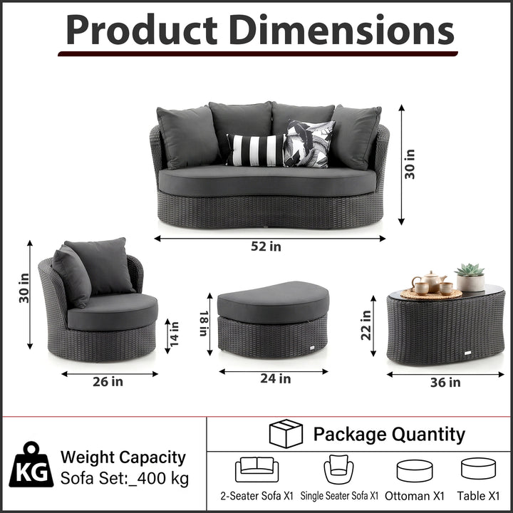 Comox Outdoor Garden Balcony Sofa Set 2 Seater, Single seater and 1 Center Table with Ottoman Set (Black)