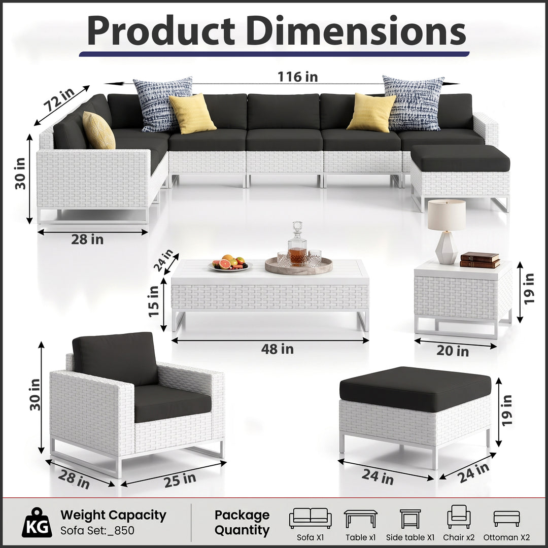 Angerona Outdoor Sofa Set 7 Seater, 2 Single seater and 1 Center Table, 1 Side Table With 2 Ottoman Set (White)
