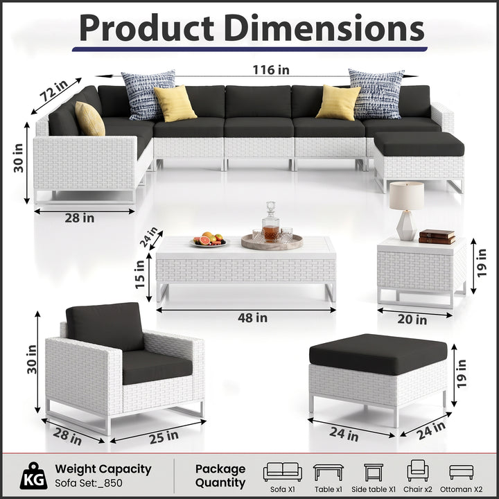 Angerona Outdoor Sofa Set 7 Seater, 2 Single seater and 1 Center Table, 1 Side Table With 2 Ottoman Set (White)
