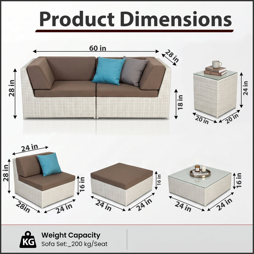 Ferri Outdoor Patio Sofa Set 6 Seater , 1 Footstool , 1 Side table and 1 Center Table (White)