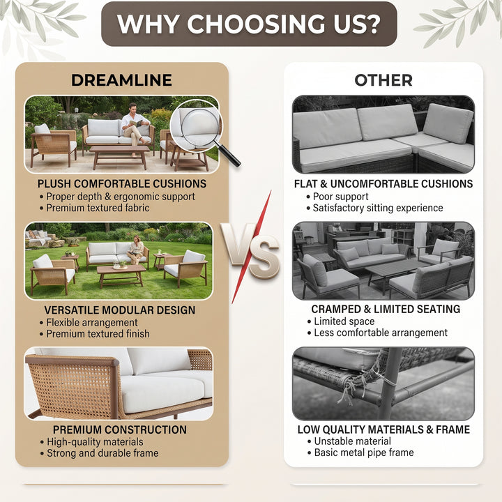 Zamioma Outdoor Garden Balcony Sofa Set 2 Seater, 2 Single seater, 1 Ottoman, 1 Coffee Table and 1 Side Table Conversation Set (Honey)
