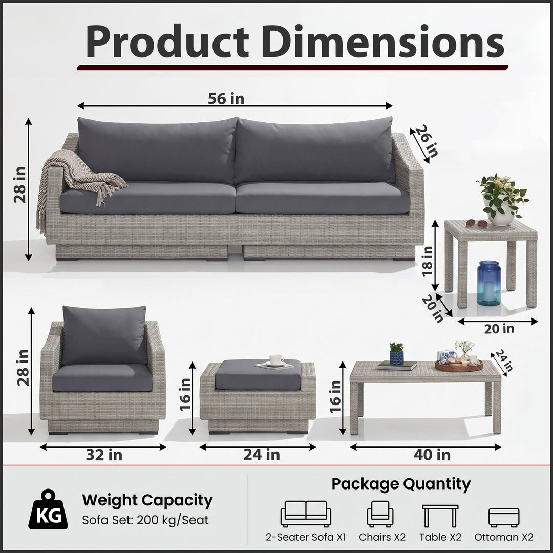 Floriana Outdoor Patio Sofa Set 3 Seater, 2 Single Seater , 2 Footstool , 1 Side table and 1 Center Table (Silver)