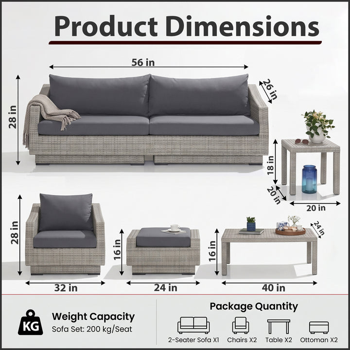 Floriana Outdoor Patio Sofa Set 3 Seater, 2 Single Seater , 2 Footstool , 1 Side table and 1 Center Table (Silver)