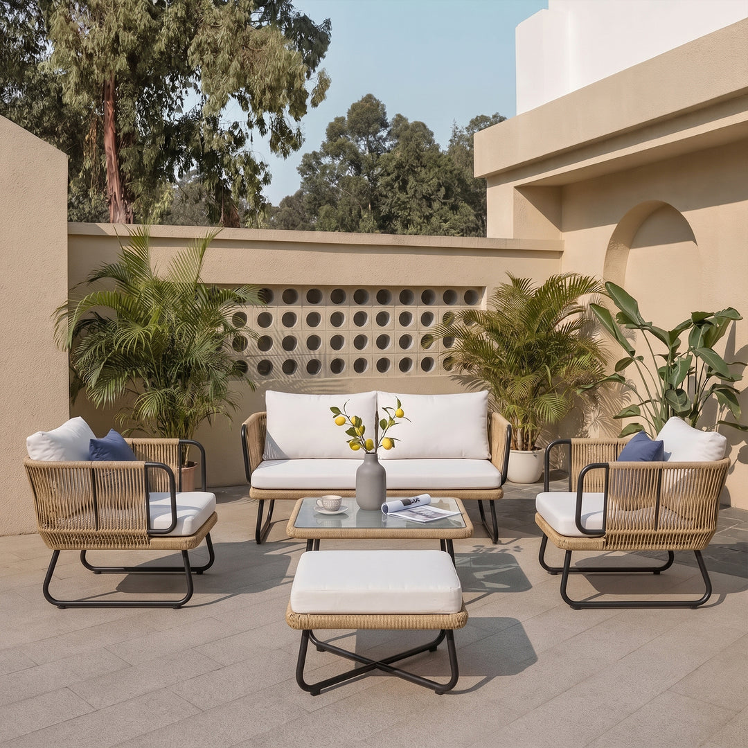 Elix Outdoor Sofa Set 2 Seater, 2 Single seater and 1 Center Table with ottoman (Beige) Braided & Rope