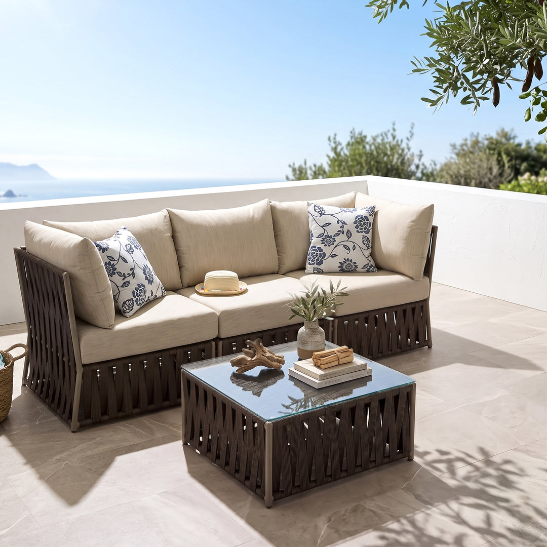Adán Outdoor Sofa Set 3 Seater and 1 Center Table Set Braided & Rope