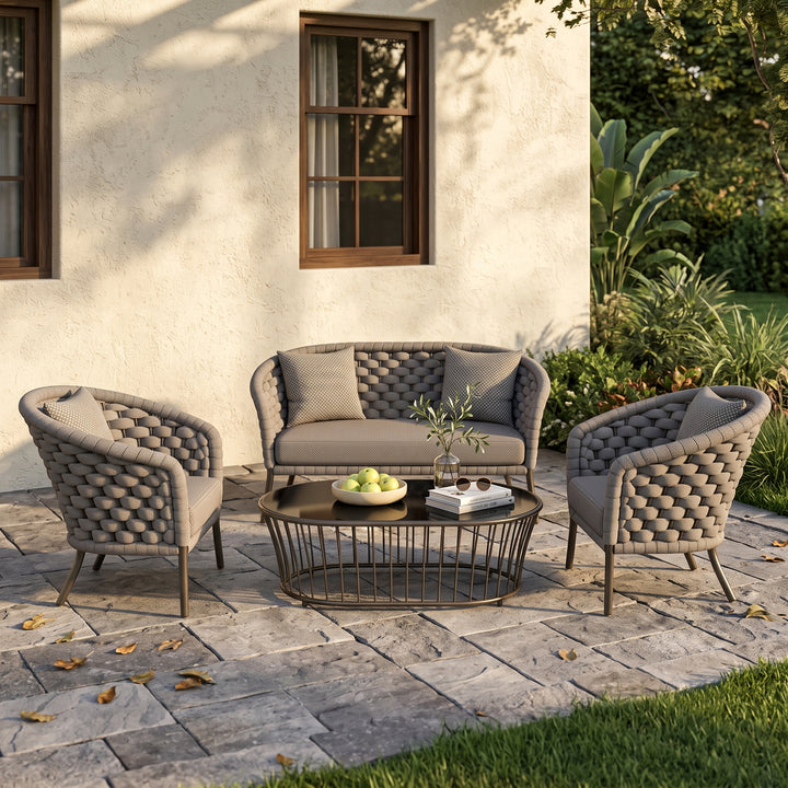 Aero Outdoor Garden Balcony Sofa Set 2 Seater , 2 Single Seater 1 Center Table Set (Grey) Braided and Rope