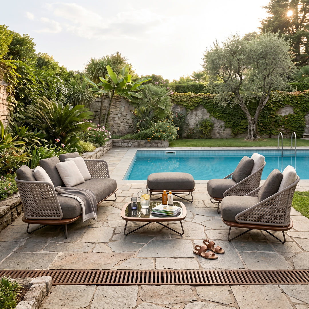 Alano Outdoor Garden Balcony Sofa Set 3 Seater, 2 Single Seater 1 Ottoman and 1 Center Table Set Braid & Rope (Grey)