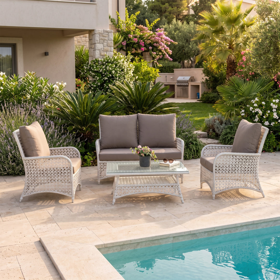 Alfonsi Outdoor Sofa Set 2 Seater, 2 Single seater and 1 Center Table (Beige + Brown)