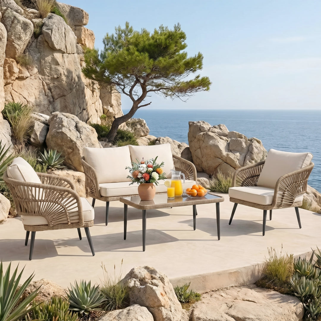 Alpa Outdoor Garden Balcony Sofa Set 2 Seater , 2 Single Seater 1 Center Table Set Braided and Rope