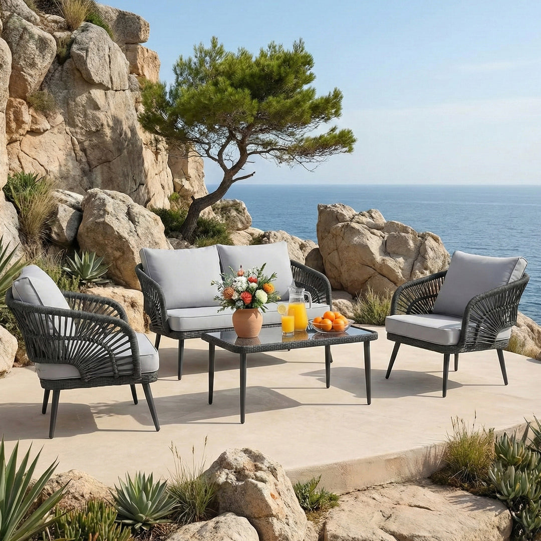 Alpa Outdoor Garden Balcony Sofa Set 2 Seater , 2 Single Seater 1 Center Table Set Braided and Rope
