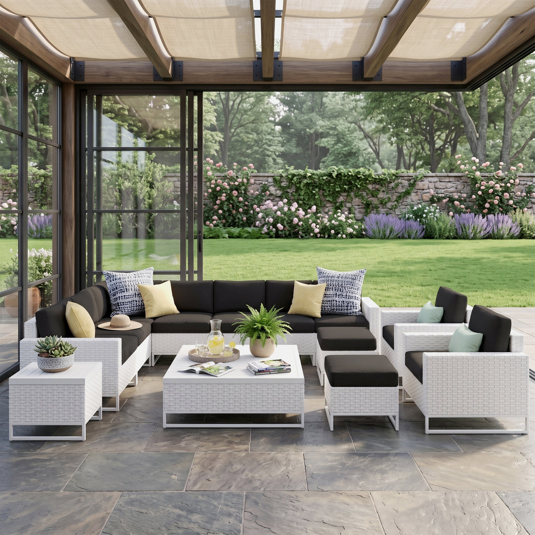 Angerona Outdoor Sofa Set 7 Seater, 2 Single seater and 1 Center Table, 1 Side Table With 2 Ottoman Set (White)