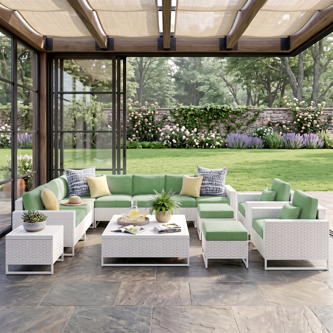 Angerona Outdoor Sofa Set 7 Seater, 2 Single seater and 1 Center Table, 1 Side Table With 2 Ottoman Set (White)