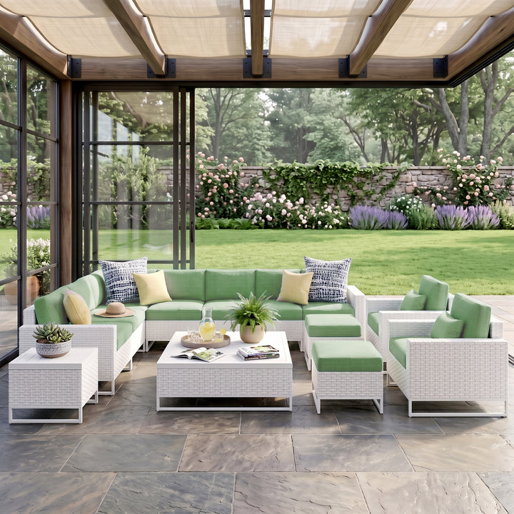 Angerona Outdoor Sofa Set 7 Seater, 2 Single seater and 1 Center Table, 1 Side Table With 2 Ottoman Set (White)