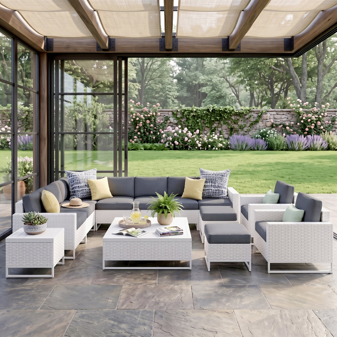 Angerona Outdoor Sofa Set 7 Seater, 2 Single seater and 1 Center Table, 1 Side Table With 2 Ottoman Set (White)