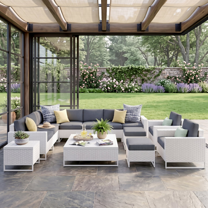 Angerona Outdoor Sofa Set 7 Seater, 2 Single seater and 1 Center Table, 1 Side Table With 2 Ottoman Set (White)