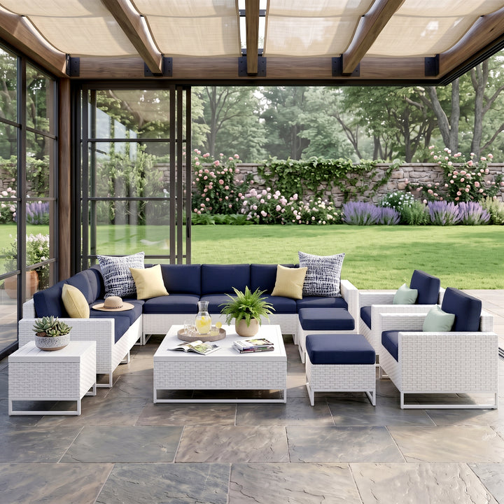 Angerona Outdoor Sofa Set 7 Seater, 2 Single seater and 1 Center Table, 1 Side Table With 2 Ottoman Set (White)