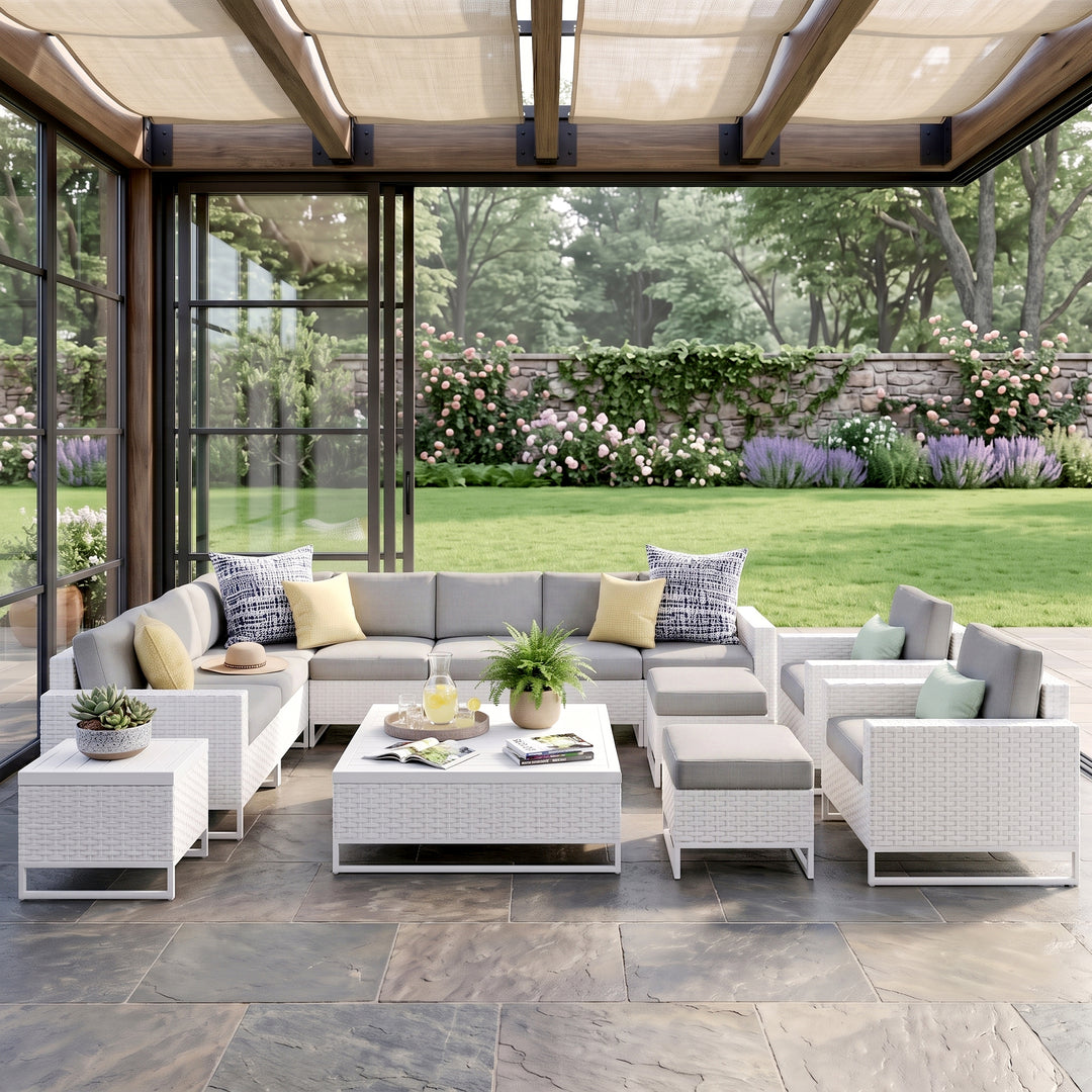 Angerona Outdoor Sofa Set 7 Seater, 2 Single seater and 1 Center Table, 1 Side Table With 2 Ottoman Set (White)