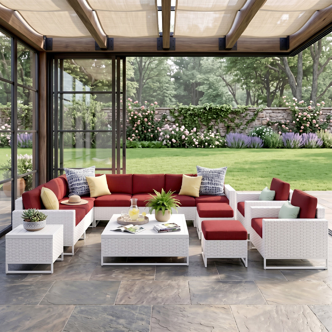 Angerona Outdoor Sofa Set 7 Seater, 2 Single seater and 1 Center Table, 1 Side Table With 2 Ottoman Set (White)