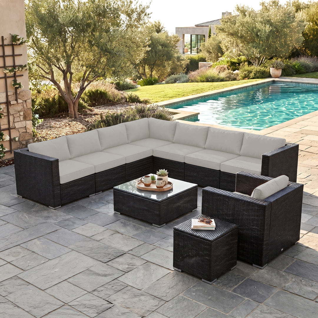 Arena Outdoor Sofa Set 7 Seater, Single seater and 1 Center Table With 1 Side Table Set (Black)