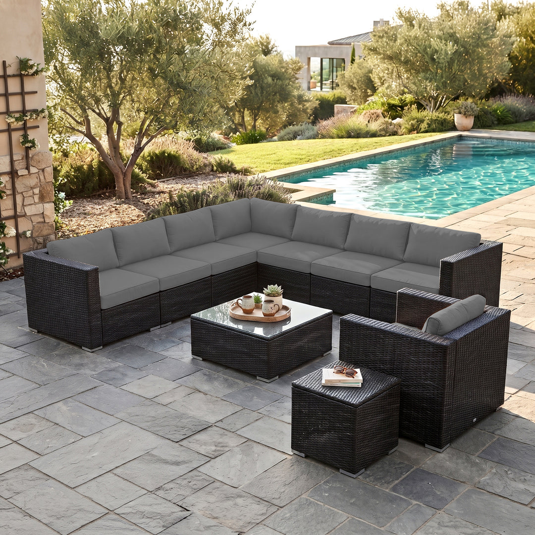 Arena Outdoor Sofa Set 7 Seater, Single seater and 1 Center Table With 1 Side Table Set (Black)