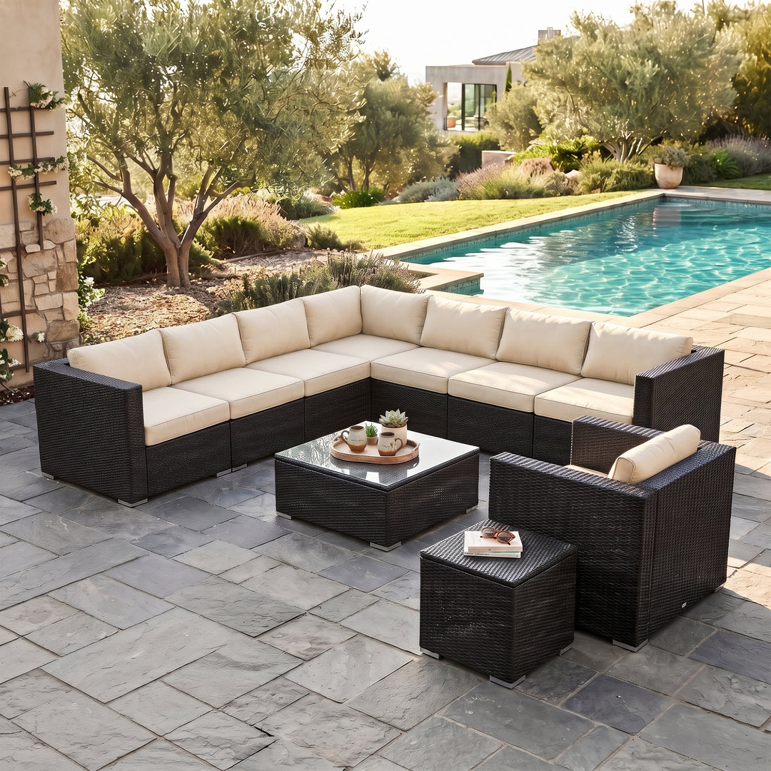 Arena Outdoor Sofa Set 7 Seater, Single seater and 1 Center Table With 1 Side Table Set (Black)