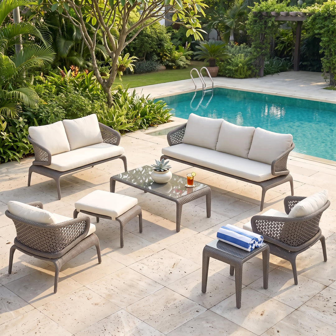 Bart Outdoor Garden Balcony Sofa Set  3 Seater , 2 Seater ,2 Single Seater and 1 Center Table With 1 Side Table and 1 Ottoman Set (Grey)