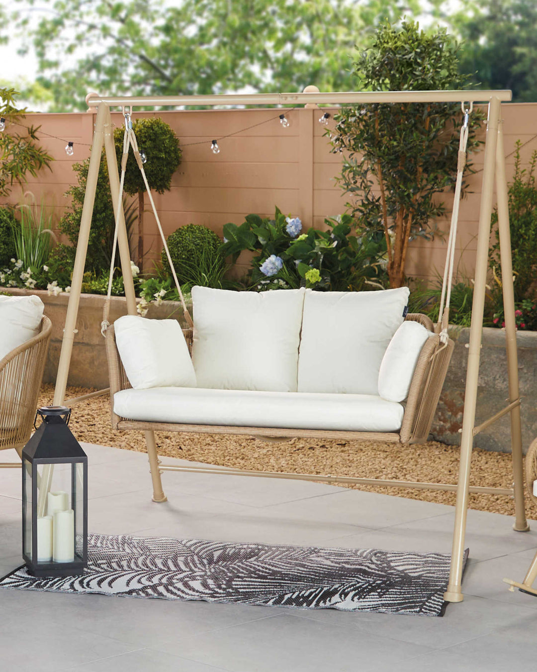Sirena Double Seater Hanging Swing With Stand For Balcony , Garden Swing (White +Tan)