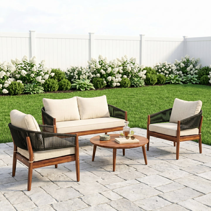 Biro Outdoor Garden Balcony Sofa Set 2 Seater , 2 Single Seater 1 Center Table Set (Black) Braided and Rope