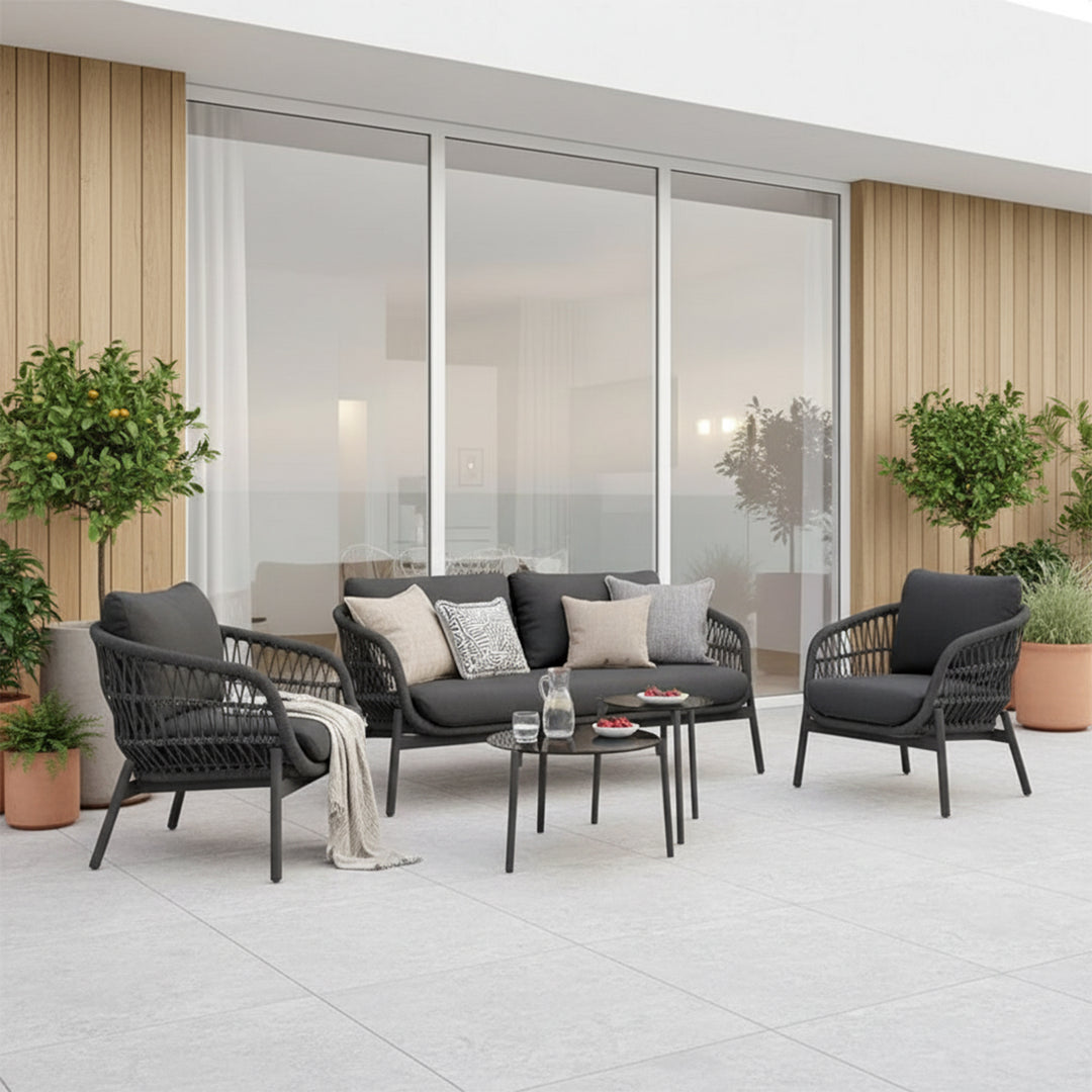 Seibi Outdoor Garden Balcony Sofa Set 2 Seater , 2 Single Seater 2 Center Table Set Braided and Rope